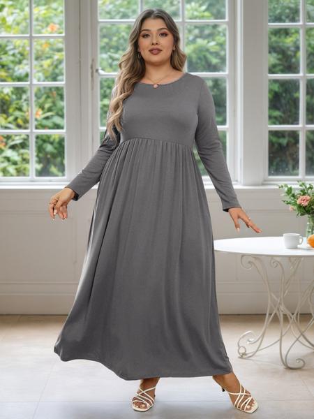 Women's Round Neck Stretchy Casual Long Plus Size Dress, Perfect for Bridesmaids, Vintage Style Wedding & Party Wear, Comfortable Fabric
