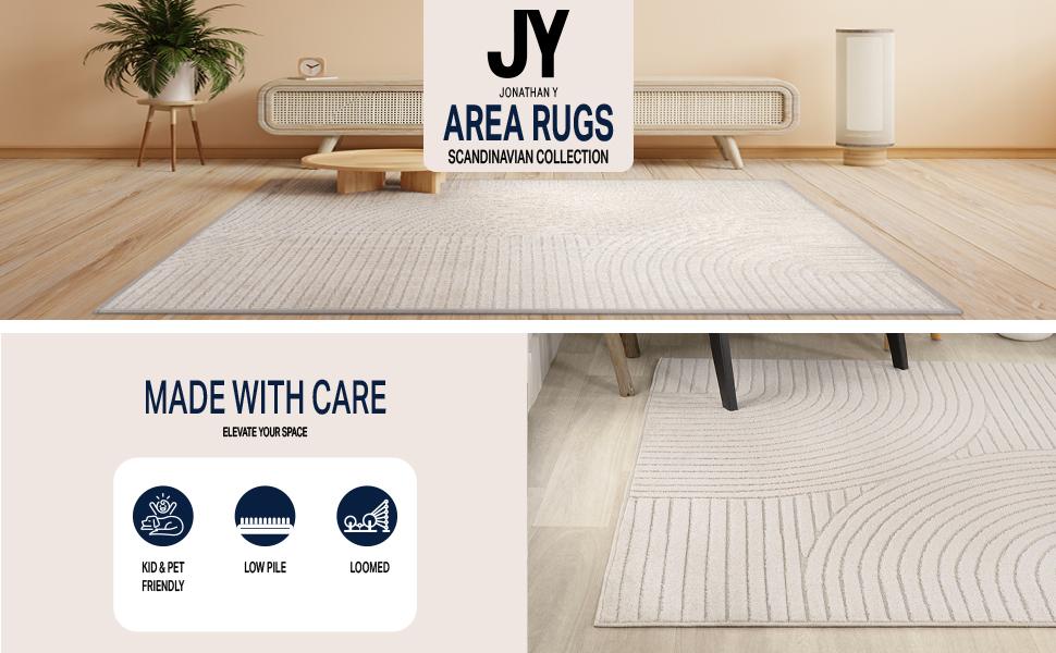 Hallie High-Low Curve Ivory/Cream Indoor/Area Rug, 3x5, Minimalist, Pet Friendly, Non-Shedding, Stain Resistant, Hose-Washable for Backyard,, Porch (SCN100B-3)