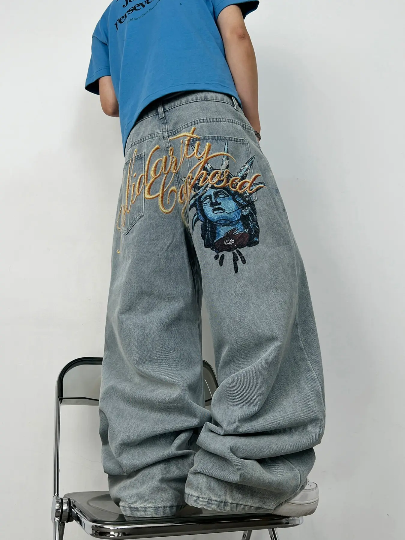 Men's Vintage Washed Blue Jeans, Retro Letter Portrait Print, Straight Leg Wide Leg Pants, Y2K Street Fashion, All Seasons, Loose Fit