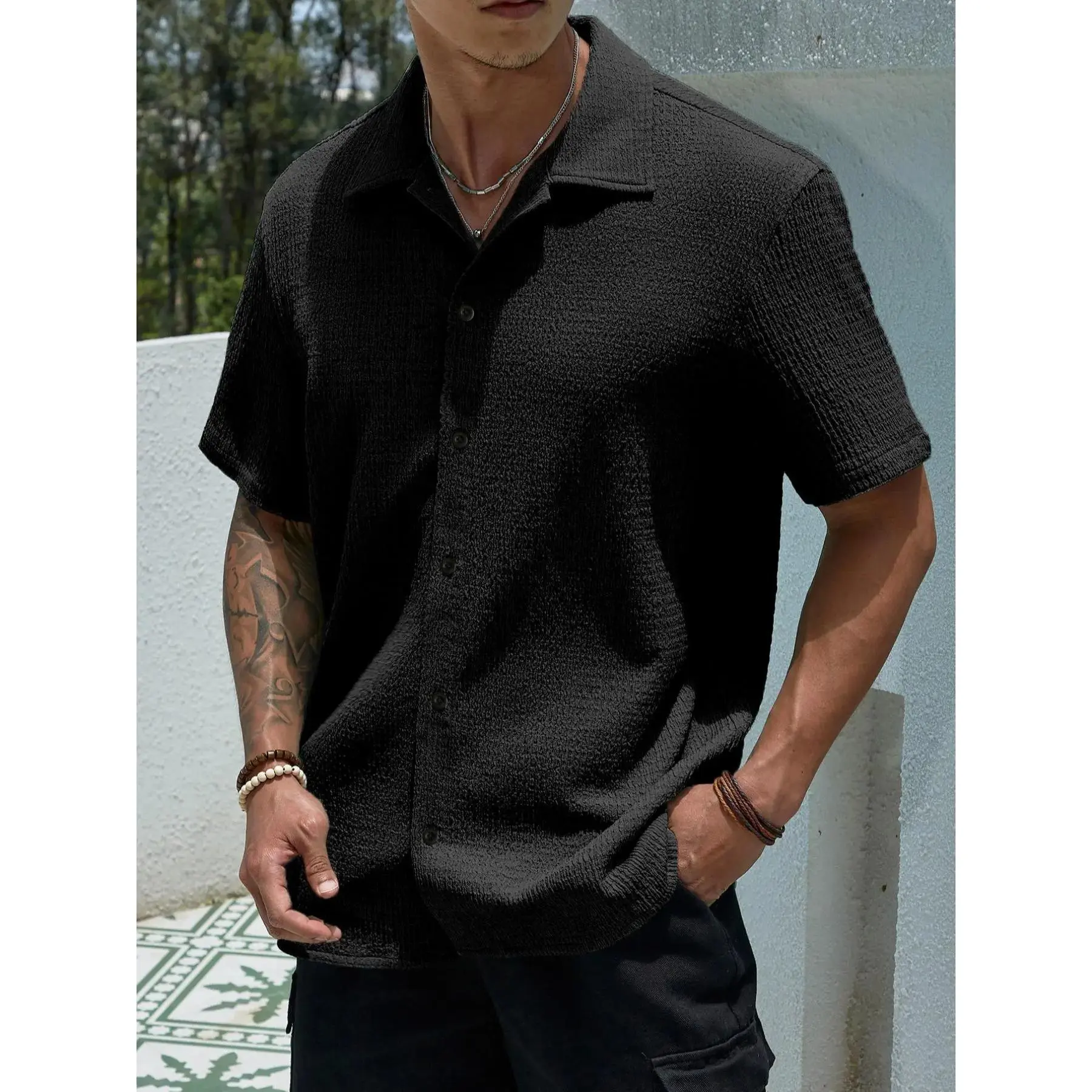 Men's Textured Button Front Shirt, Casual Classic Regular Fit Short Sleeve Plain Collared Top for Summer, Summer Leisure Top 2024, National Day Clothing, Button Up Tops, Men's Clothes for Daily Wear
