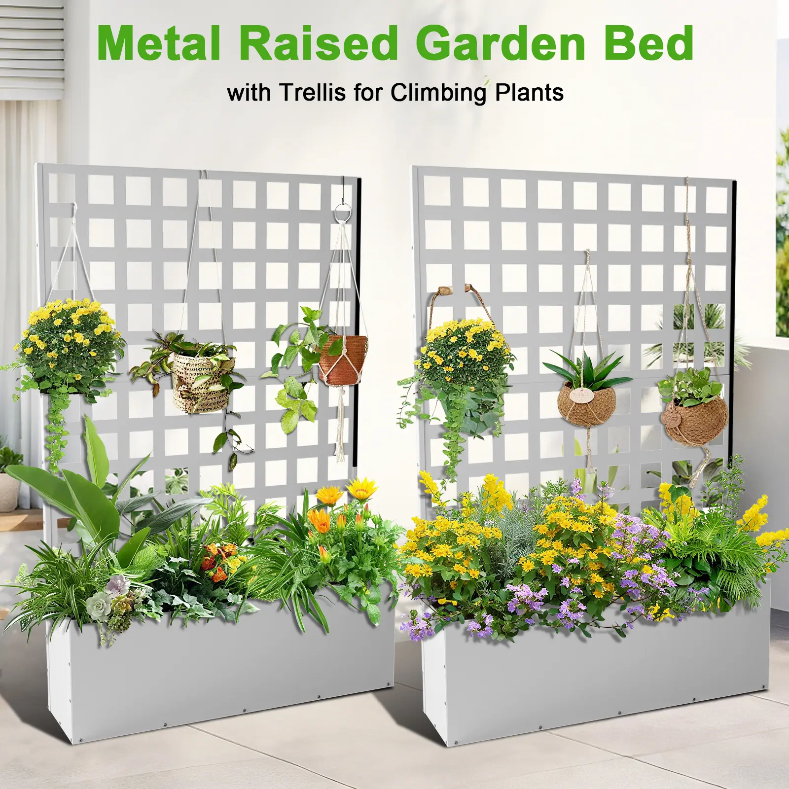 Garvee Outdoor Raised Planter Box with Trellis Privacy Screen, 184 x 120 x 41 cm Metal Elevated Garden Bed Trough, Drainage Holes for Climbing Vines, Patio Balcony