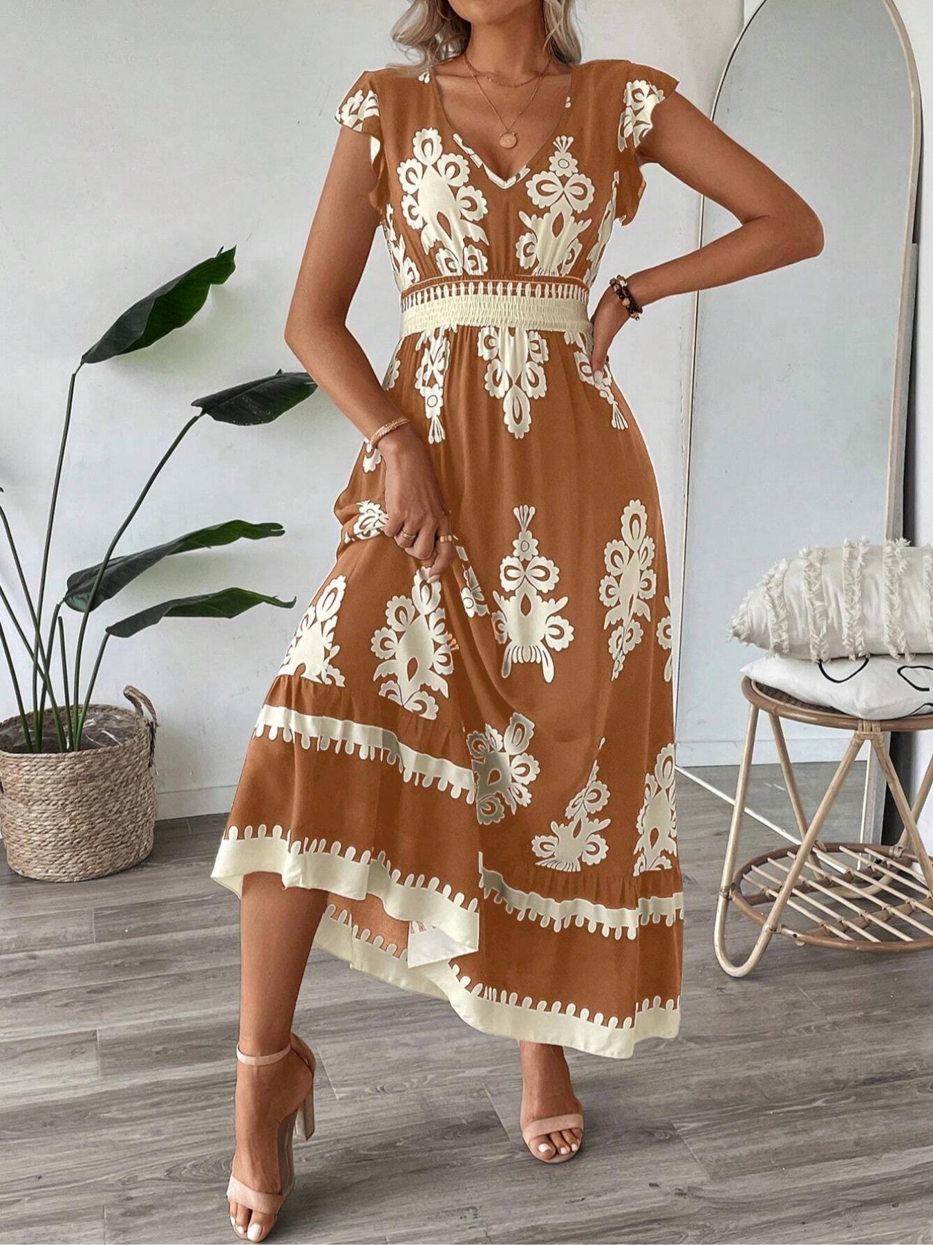 【Plus Size】 Ethnic Pattern V Neck Dress, Boho Cap Sleeve Long Dress for Beach Holiday Vacation, Women's Clothes for Summer, Bohemian Boho Fashion