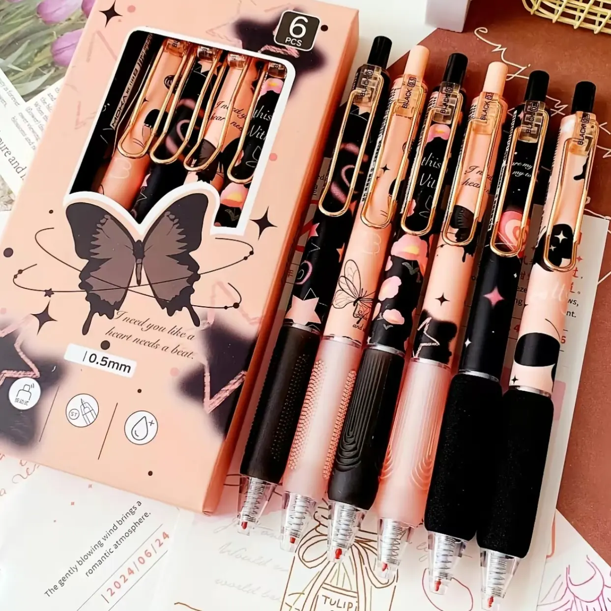 Butterfly Pattern Gel Pen Set With Pen, 6pcs Quick-dry Medium Point Gel Ink Pens, Aesthetic Pens, Gift-ready & Comfort-writing Stationery for Office School Students Christmas Gift, Office Stationery Supplies
