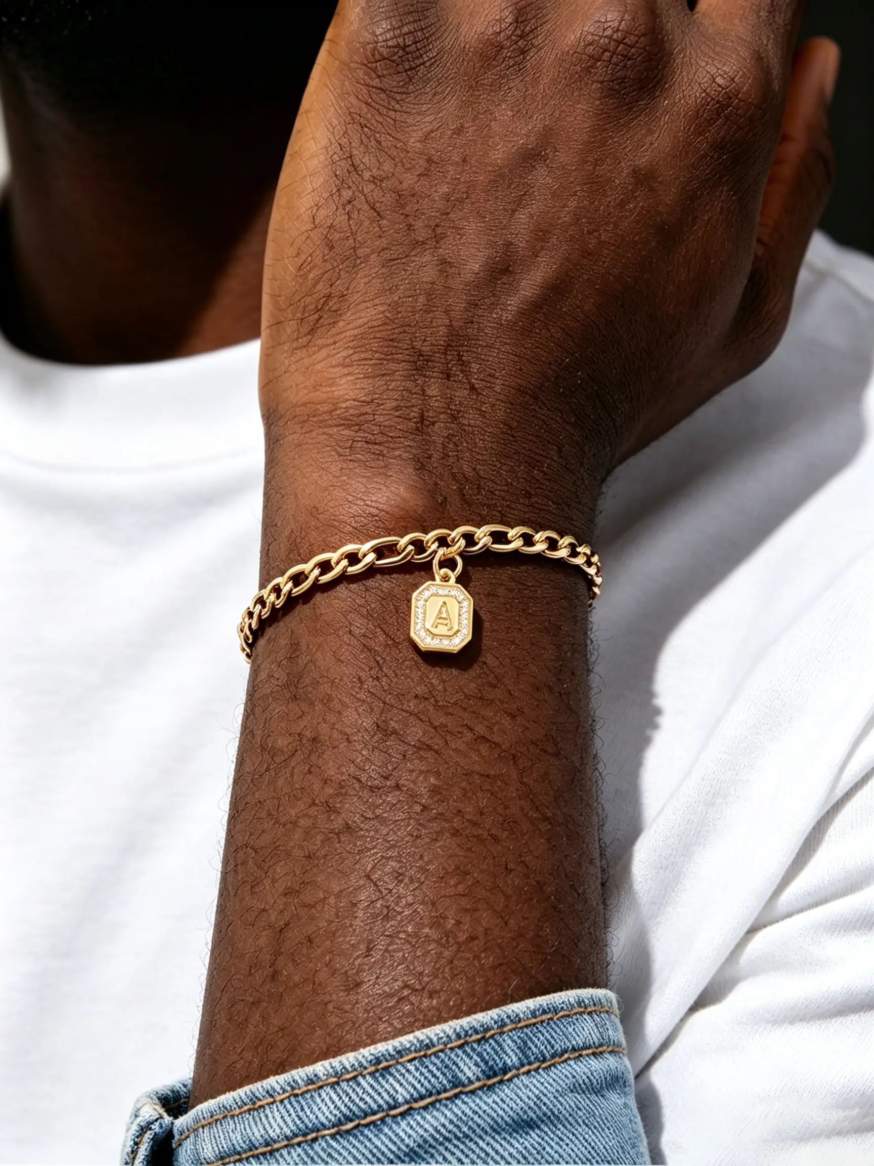Hip-hop style men's Figaro bracelet, diamond-embedded frame letter pendant, gold letter pendant bracelet, versatile for rap punk everyday streetwear