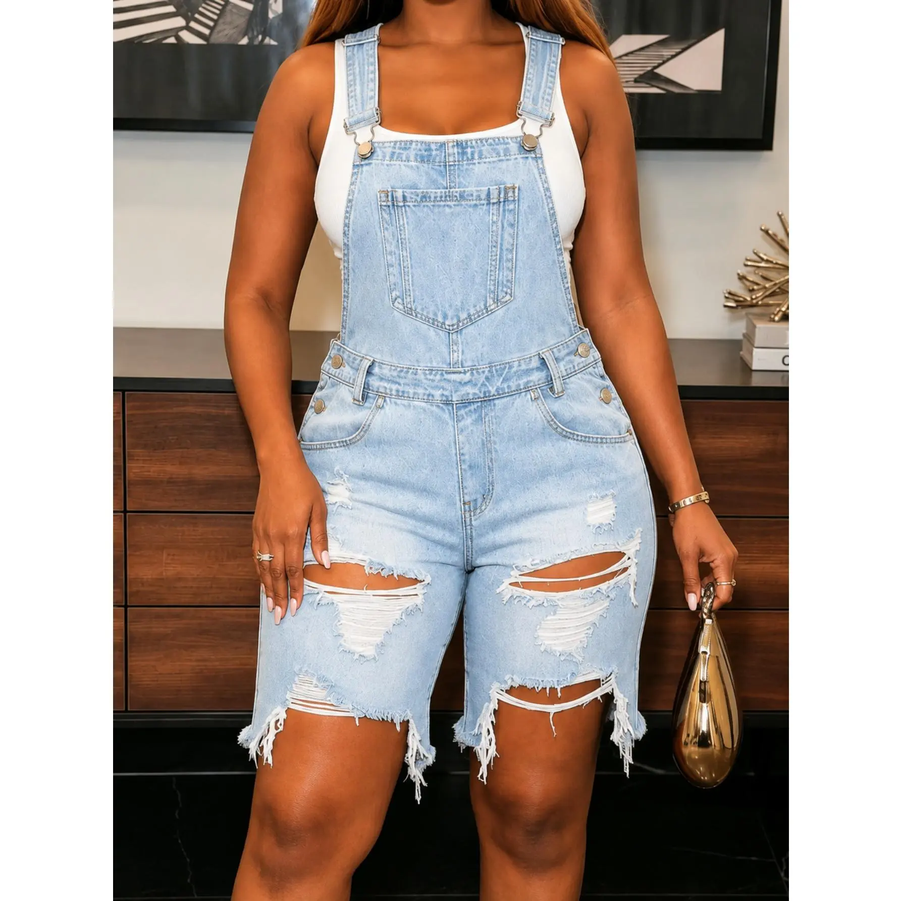 Women's Denim Overalls - Light Blue Washed Straight Ripped Burrs Denim Jumpsuit