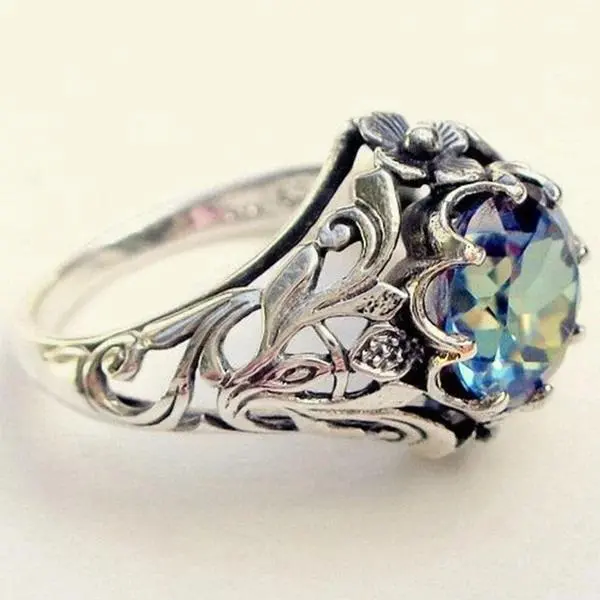 Vintage Women''s Jewelry 925 Sterling Silver Rings 1.76CT Mystic Rainbow Topaz Diamond Antique Gemstone Ring Wedding Band