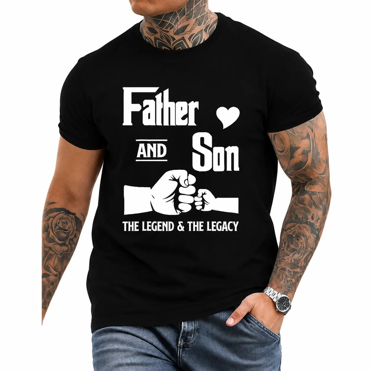 Father and Son Matching T-Shirts- "FATHER AND SON" Quote with Fists Beating Design, Crew Neck, Short Sleeve- Perfect for Casual Wear, Father'S Day, Spring/Autumn, Everyday Tshirt