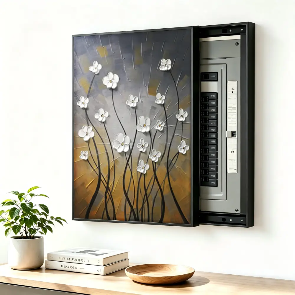 ElectricalPanel Cover Decorative Breaker Box Cover Fuse Box Cover White Flowers On Dark Background Aluminum Alloy Frame With High Quality Canvas, LivingRoom Home Office