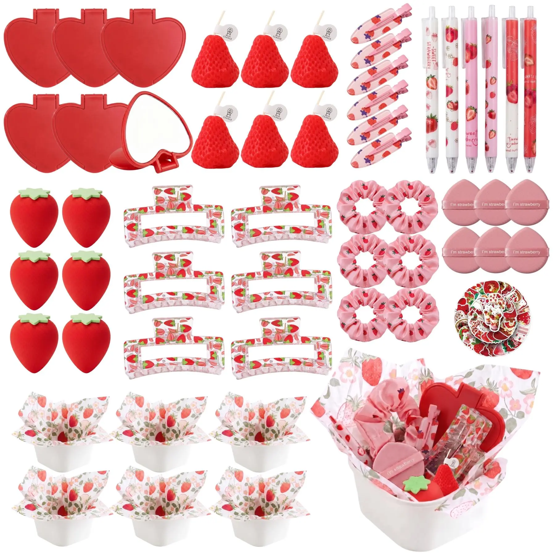 110Pcs 6 Sets Party Return Gift For Guest, Including Candles, Makeup Sponges, Folding Mirrors, Powder Puffs, Pens, Claw Clip, Hair Pins, Scrunchie, Basket, Wrapping Paper, Stickers For Women Girls Birthday Bridal Shower Baby Shower Party