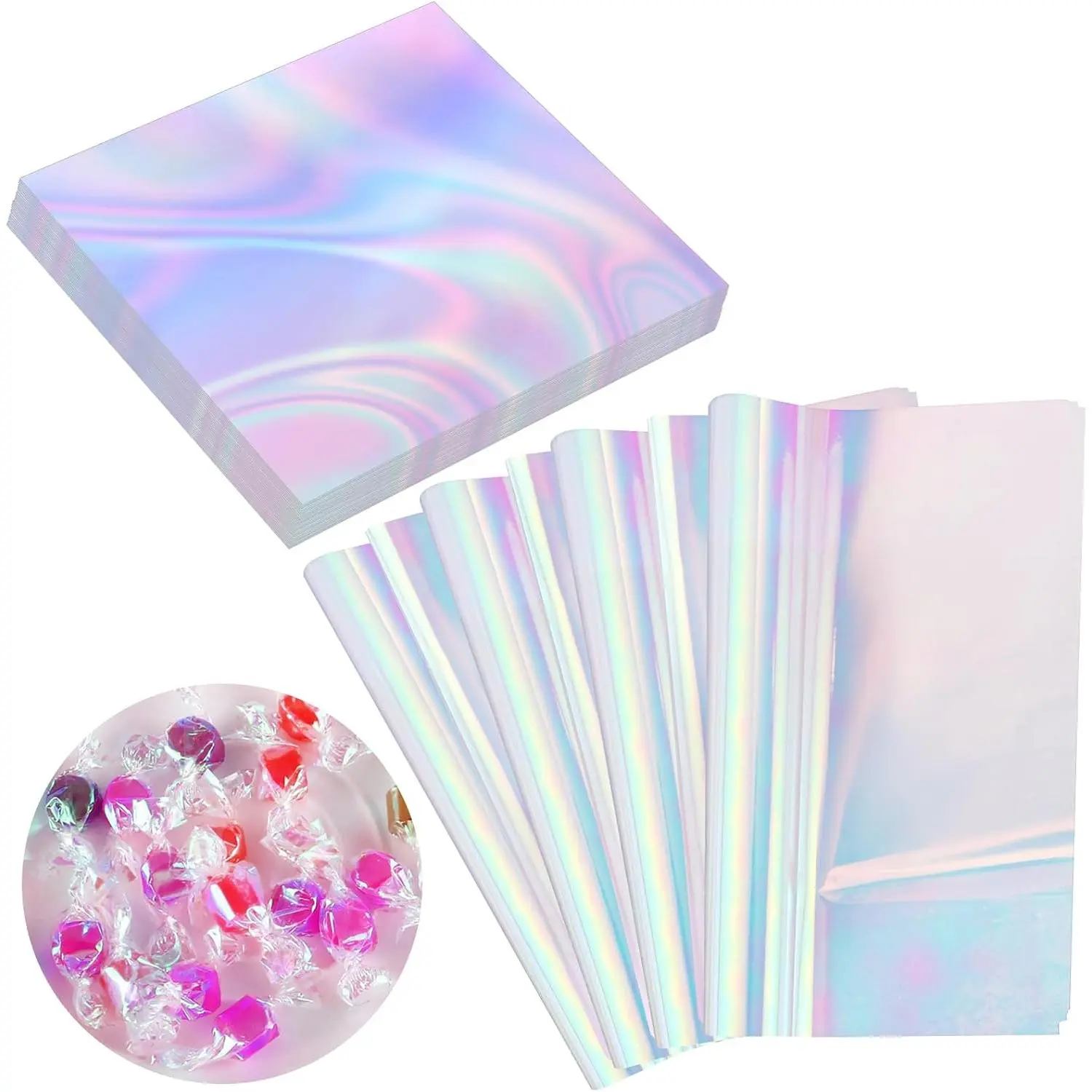 150 count Cellophane Sheets Iridescent Cellophane Wrap 9 x 9 Inch | Cellophane  Wrap for Iridescent Film Crafts Decoration Holographic Candy Wraps