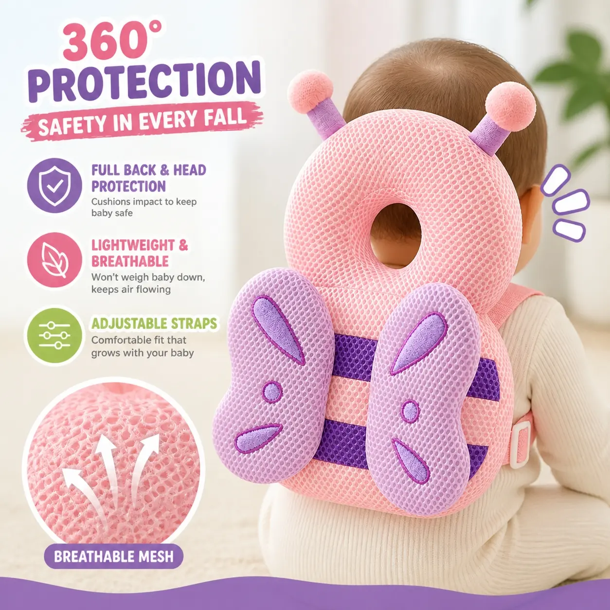 1pc breathable anti-fall mat for toddler walking practice, with horizontal strap to secure early learning materials