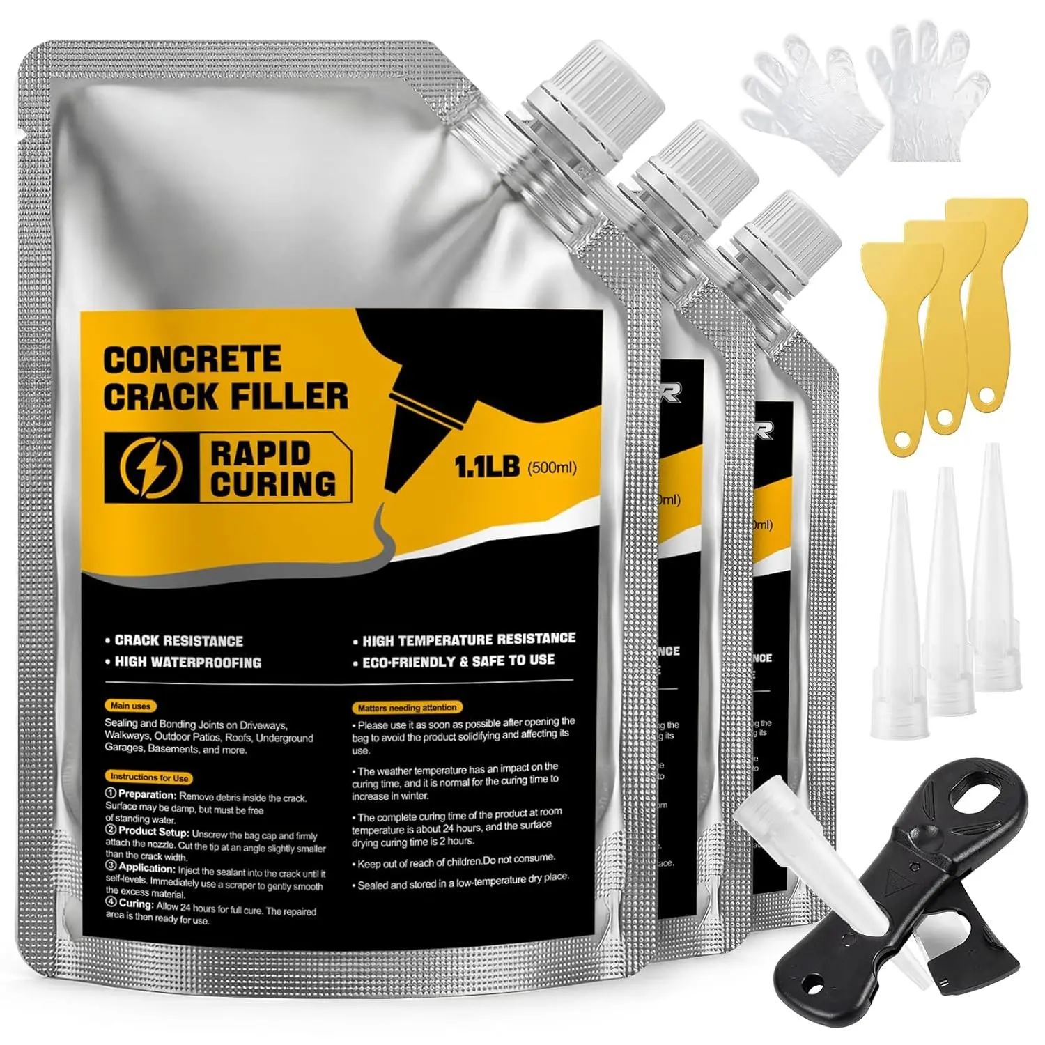 Concrete Crack Filler, 3-Pack Oil-Based Self-Leveling Sealant –  & Quick Drying for Driveway, Patio, Sidewalk, Garage Floor, Foundation, Basement & Walkway Repair, Gray