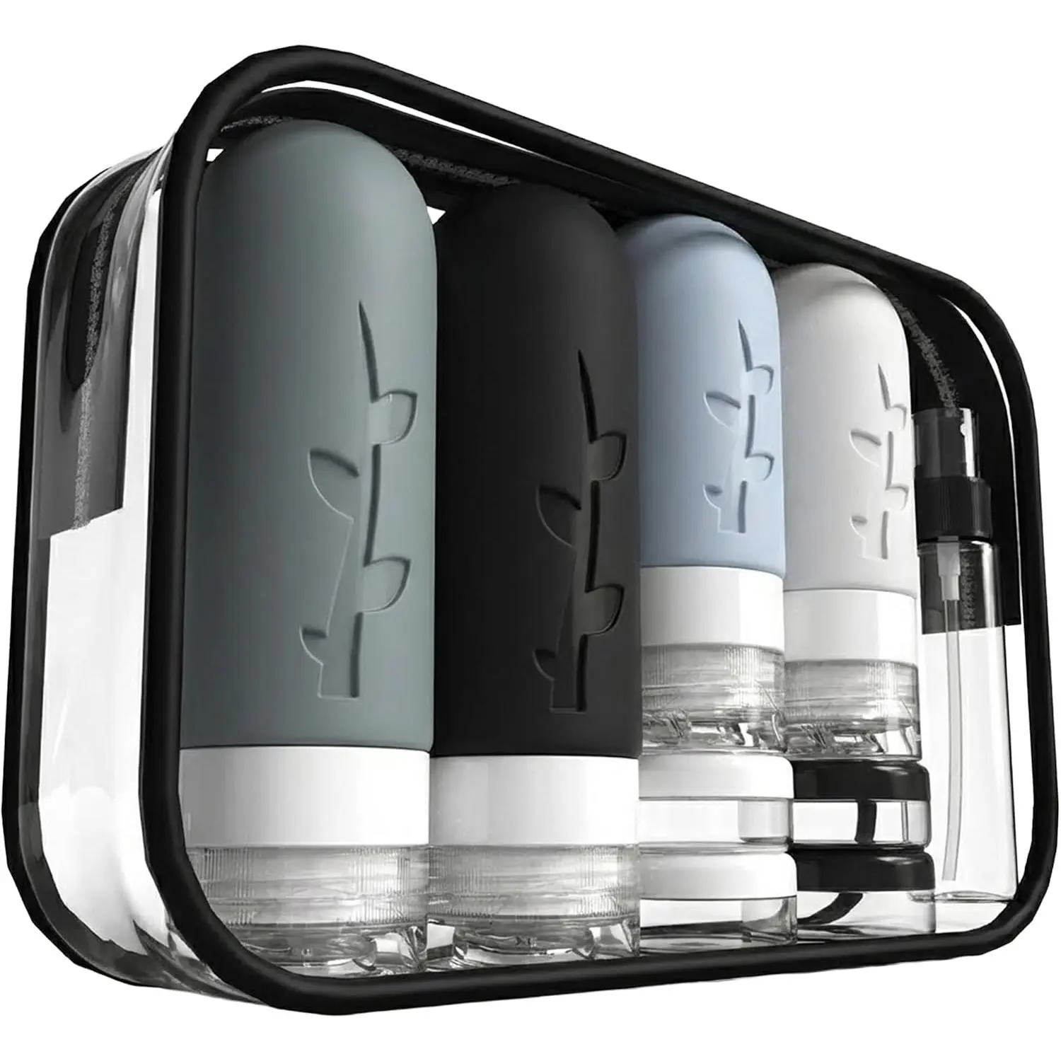 Travel Bottles Kit (16 Pack) - TSA Approved, Leak Proof  Squeezable Containers for Toiletries. Complete Set with Jars, Sprayers & Bag (Black)