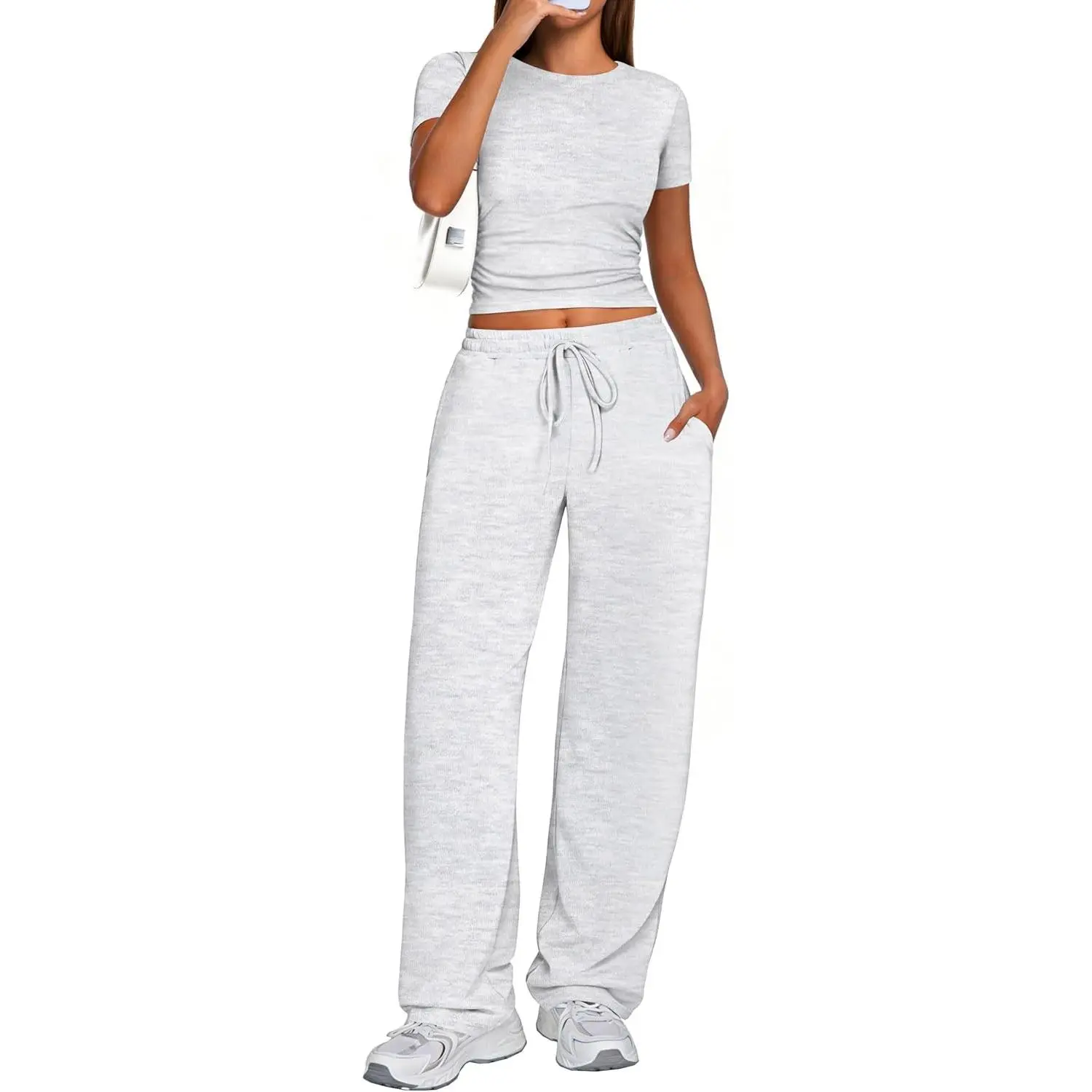 2 Piece Matching Summer Sweatsuit Lounge Set Womens Wide Leg Pants Side Ruching Crop Top Sets