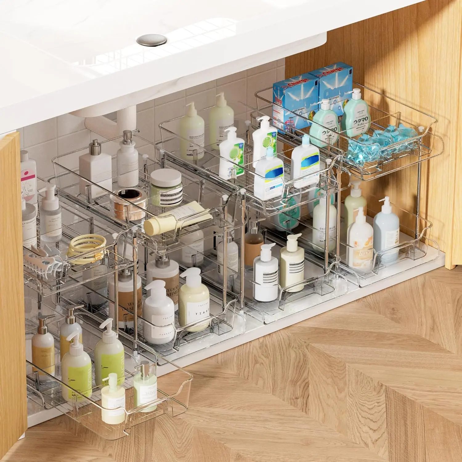 4-Pack Stainless Transparent Plastic Pull-Out Sink Organizer with S-Dividers, for Cabinet & Drawer Sink Storage