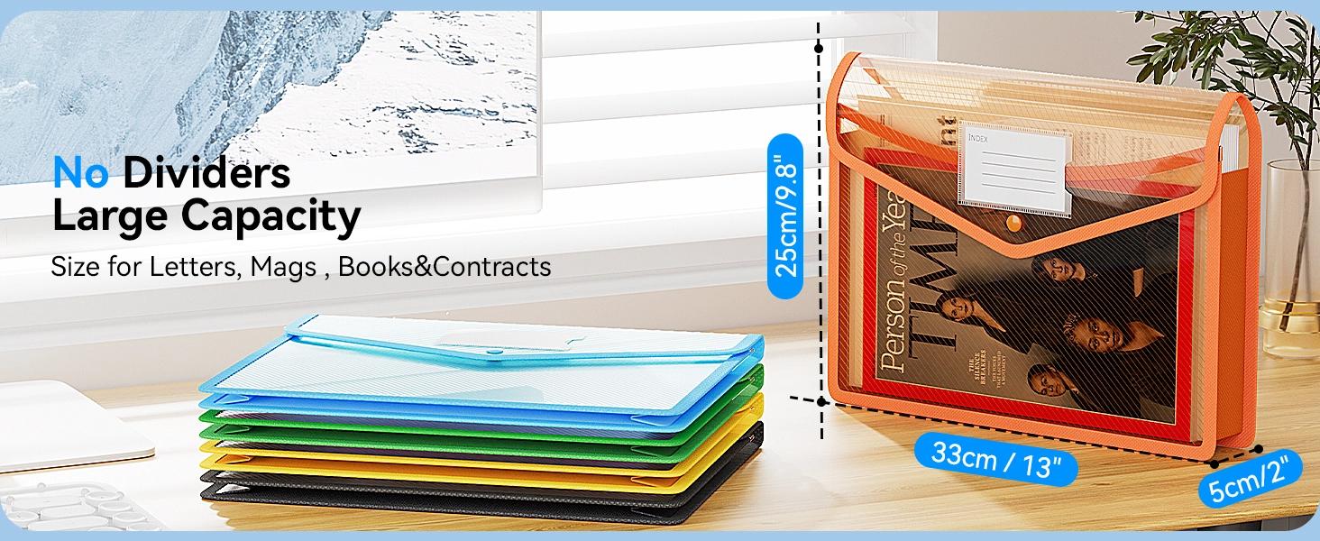 Plastic Expanding File Folder, Transparent envelopes with Snap Closure, No Dividers, Large Capacity, Assorted Colors, Fit Letter/A4 Size - 5 Packs