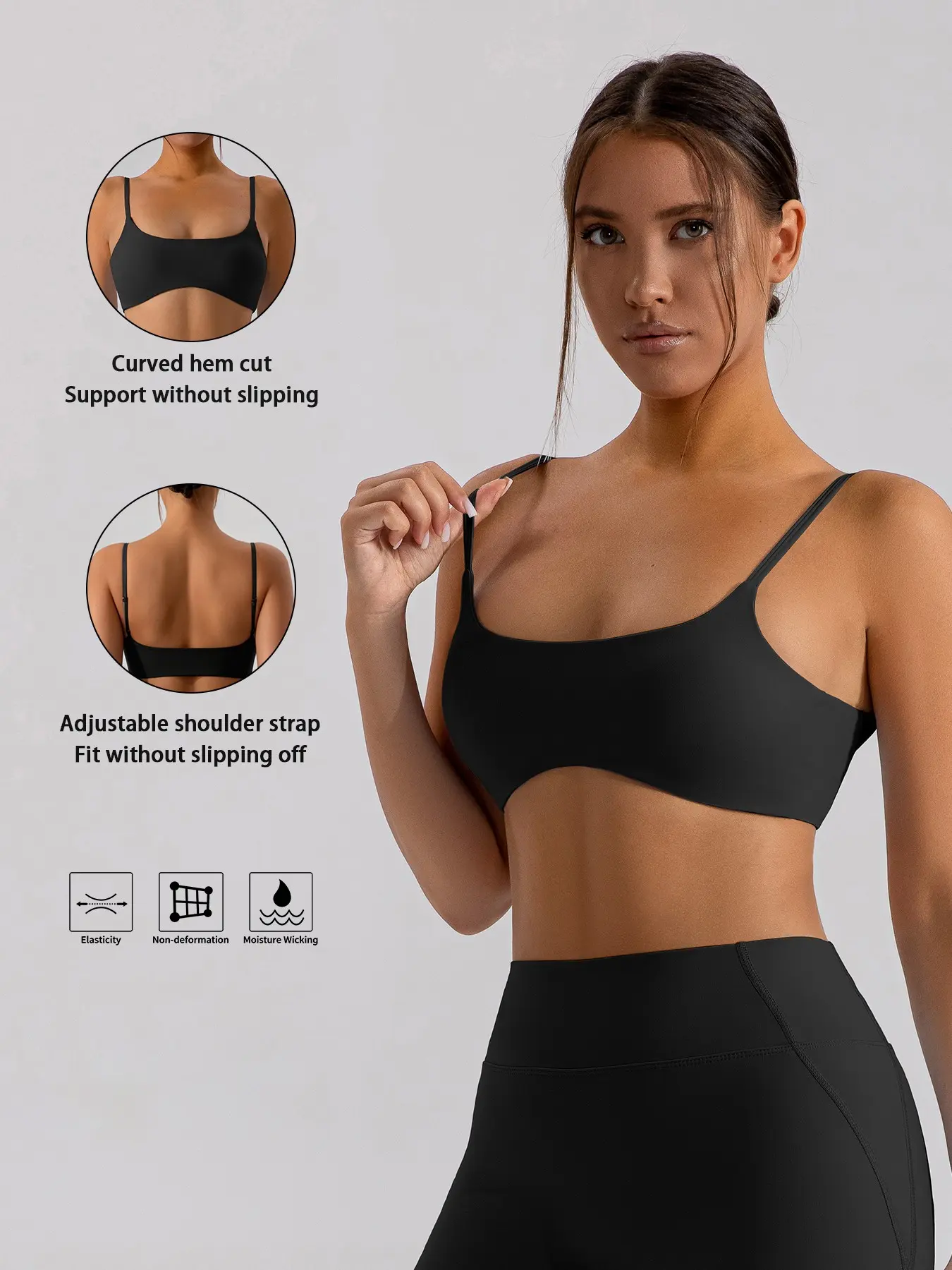 Minimalist Sports Bra with Curved Hem and Thin Straps, Breathable Sweat-Resistant High Elasticity, Running Tennis Workout Top