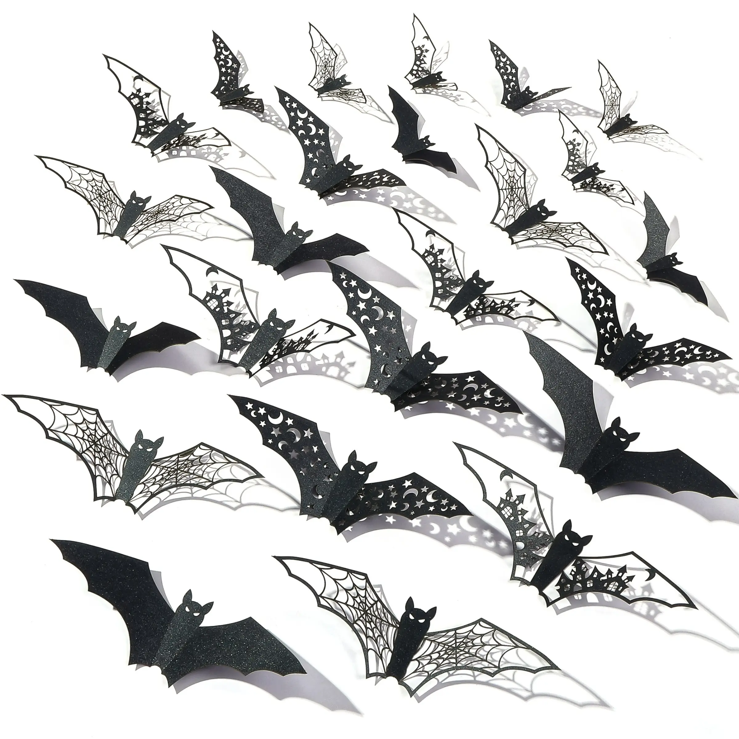 24 Halloween Bat Decorations, Hollow Bat Wall Stickers, 3D Adhesive Paper Bat Wall Decals, Indoor Party Supplies for Halloween