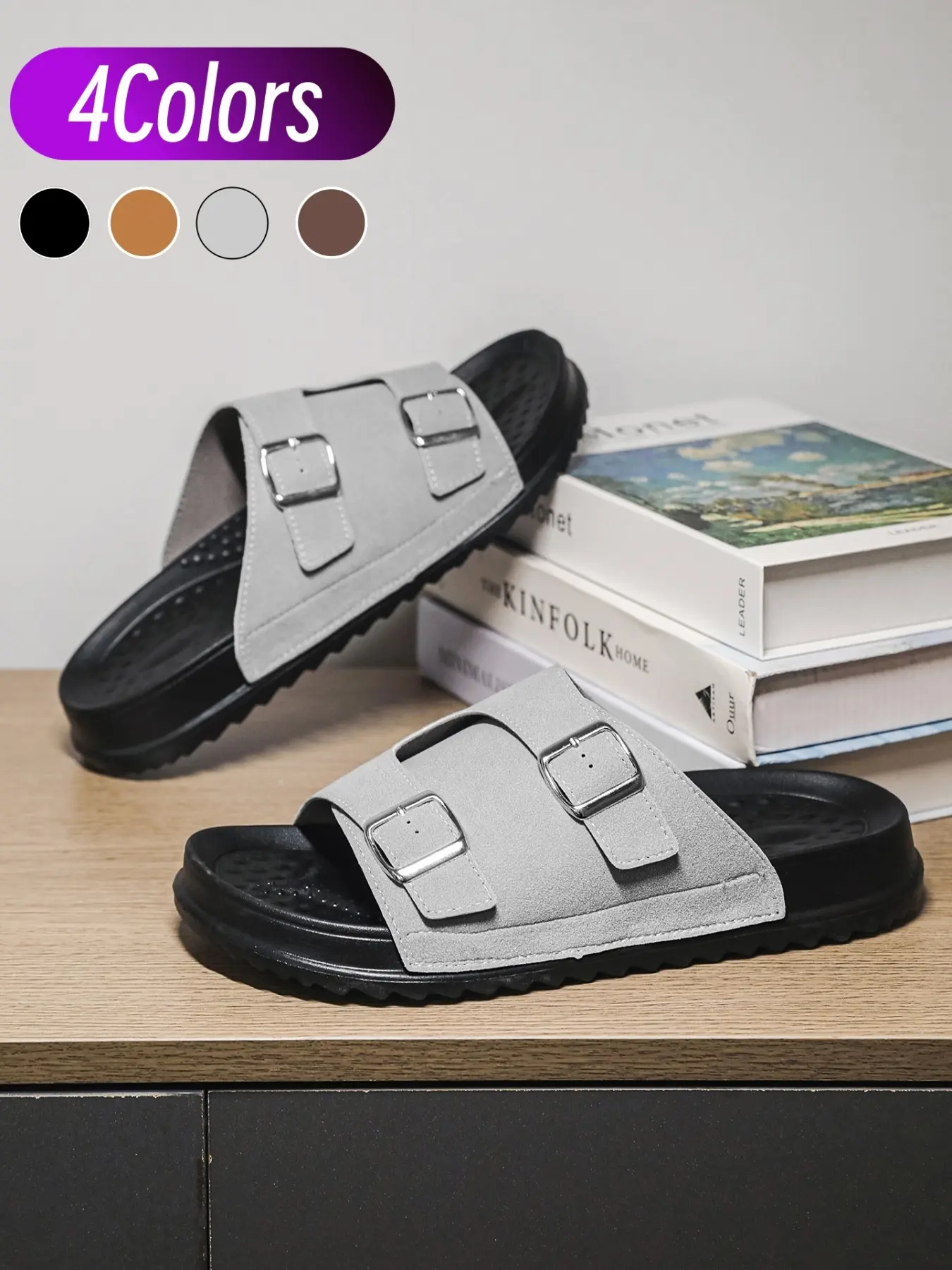 Men's 4-color Adjustable Faux Suede Slides, Sizes 39-45. Dual metal buckles, matte suede upper, dot massage insole, anti-slip thick EVA sole for outdoor casual wear Footwear
