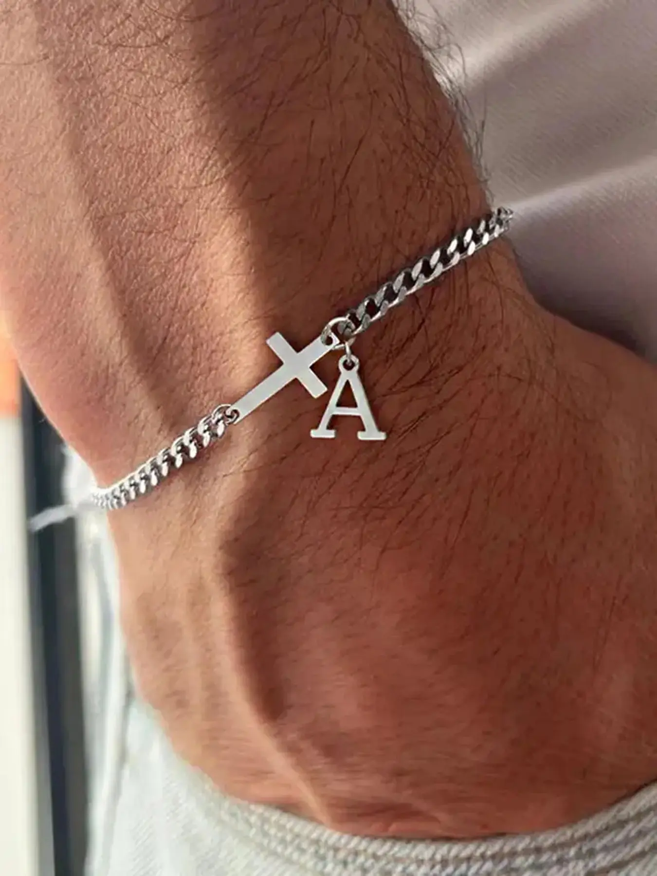 2026 Men's Adjustable Cuban Link Chain Bracelet: Minimalist cross + letter charm, American vintage style. Fade-resistant titanium steel, great for daily wear. Ideal for Father's Day, boyfriend gifts, Coachella, school, parties, Christmas & Valentine's.
