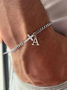 2026 Men's Cuban Chain Bracelet: Minimalist cross + letter charm, American vintage style. Fade-resistant titanium steel, great for daily wear. Ideal for Father's Day, boyfriend gifts, Coachella, school, parties, Christmas & Valentine's.