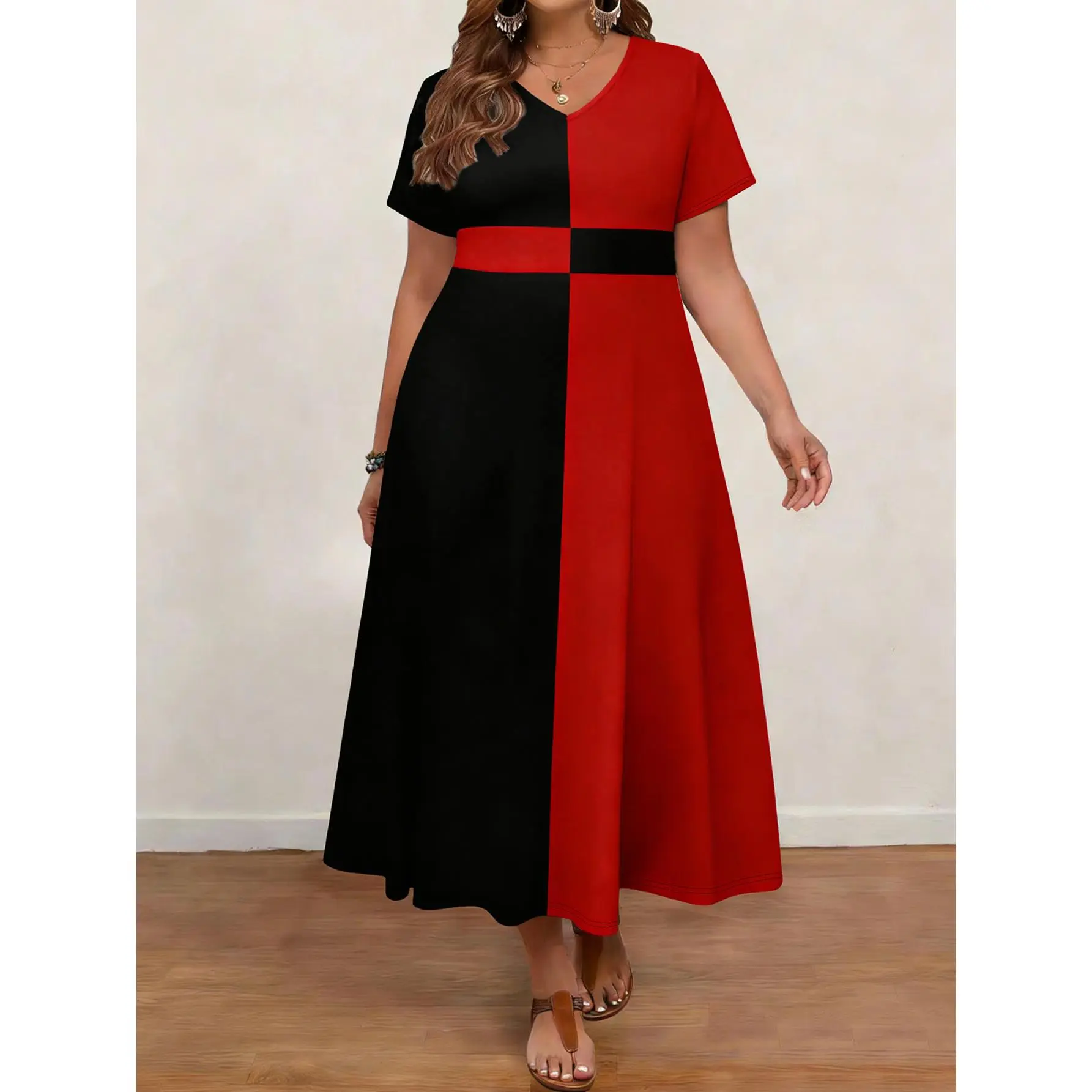 Plus Size, Women's Plus Size Red & Black Maxi Dress - Short Sleeve A-Line Dress with Flowy, Lightweight Church Wedding Guest Gown, Party Dress for Vacation & Special Occasions, Machine Washable - Elegant Dress