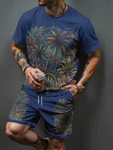 Retro Nautical Compass Palm Tree Men’s Short Sleeve Shorts Set, Micro-Elastic Wrinkle-Resistant 2-Piece Tracksuit, Regular Fit Summer Outfit for 18-45 Men, Ideal for Yacht Trip & Coastal Vacation, Viral Trendy Resort Outfit