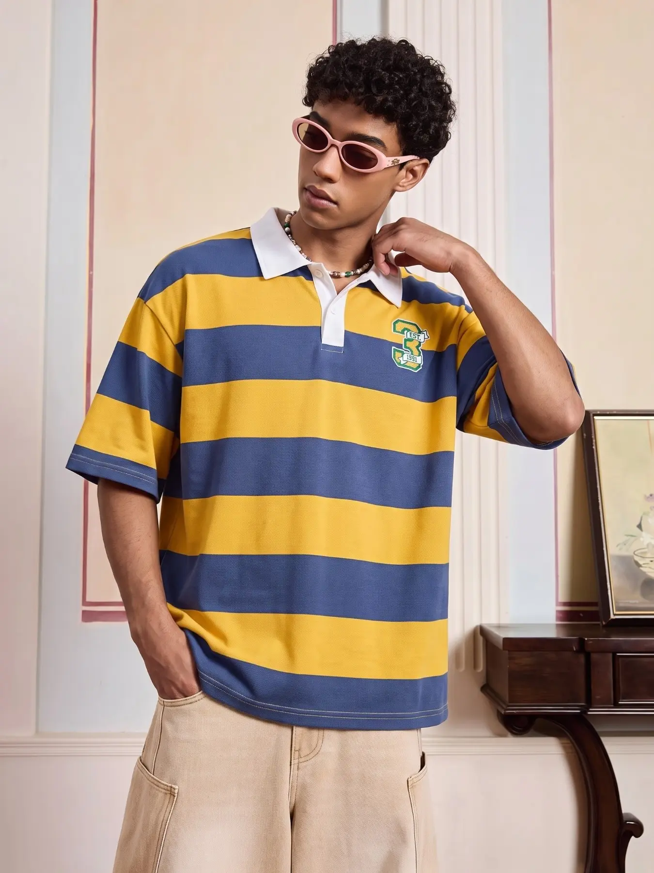 Men's Blue Striped Lapel Short Sleeve Polo Shirt, Casual Loose-Fitting Unlined Top, Batch Number 202604, Striped Pattern