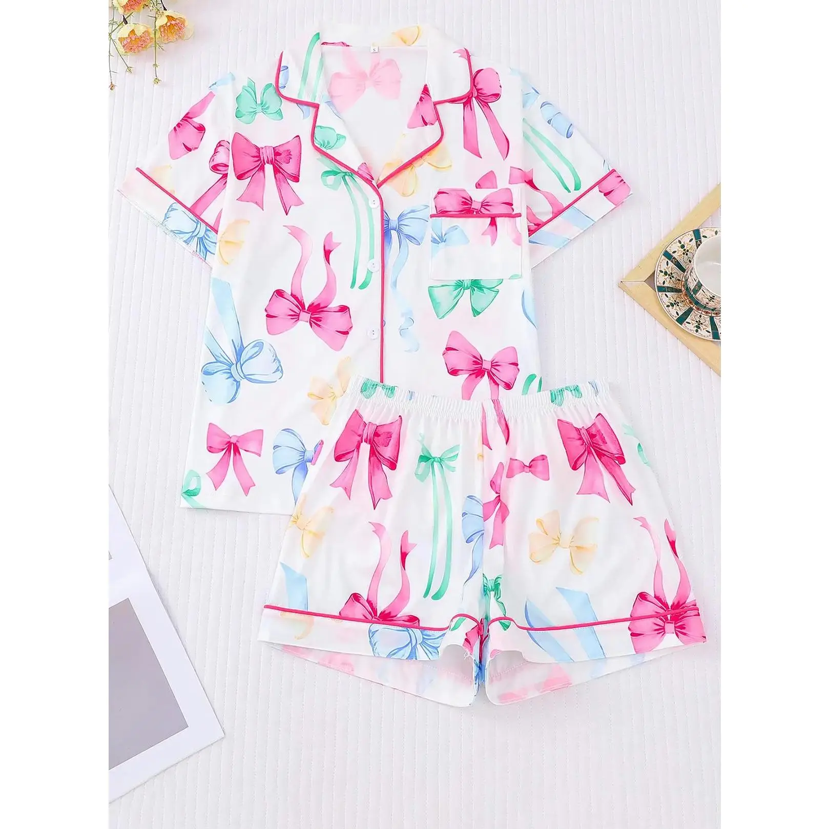 Women's Casual Pajama Set, Soft Knit All Over Fruit Print 2 Piece Loungewear, Button Front Short Sleeve Top and Shorts, Knitting, All Over Print, Fs-Fruits&Vegetable, Shortsleeve, Machine Wash, Normal Type