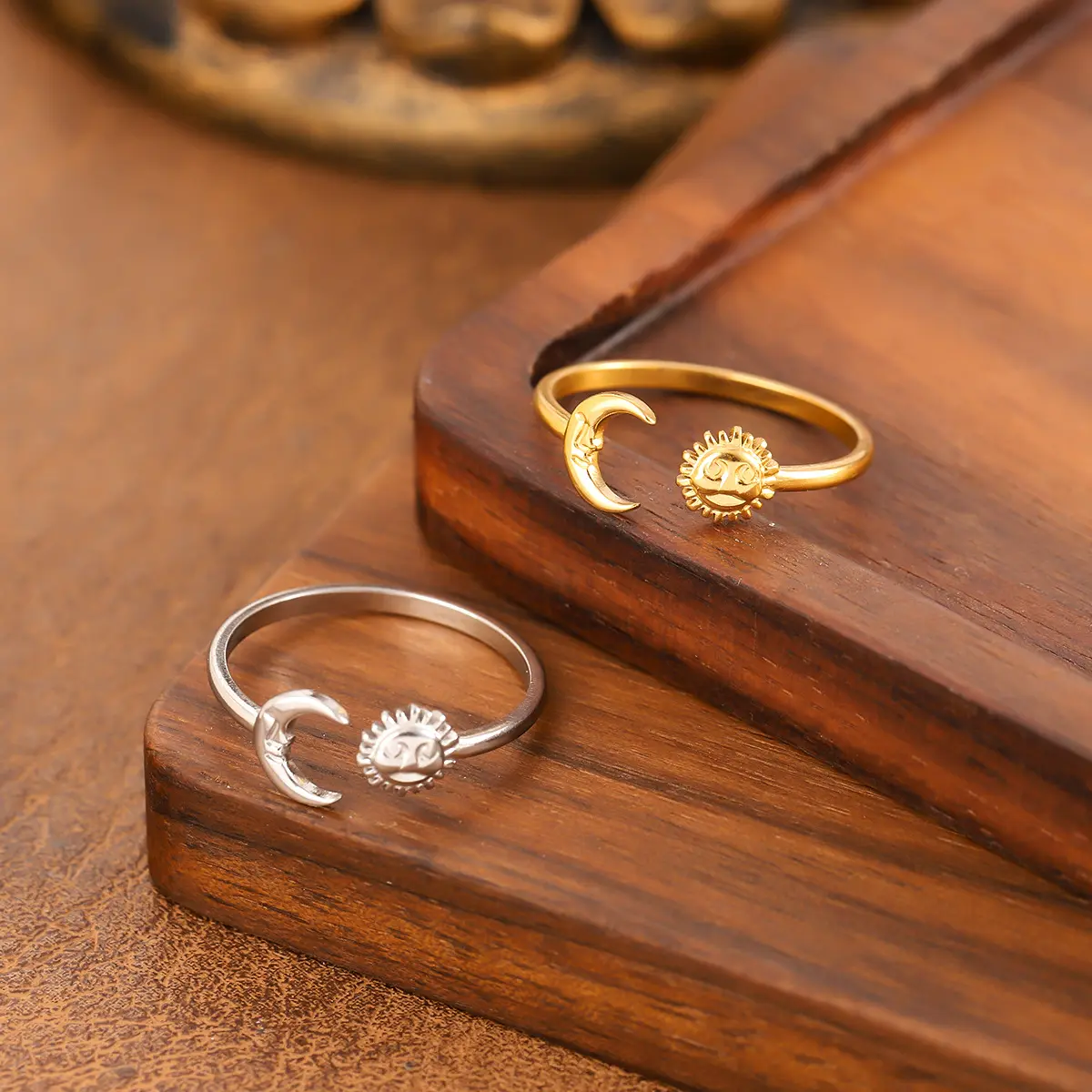 Non-tarnish thin gold & silver star and moon delicate rings for women, 18K gold-plated statement rings, stackable and adjustable mixed metal jewelry