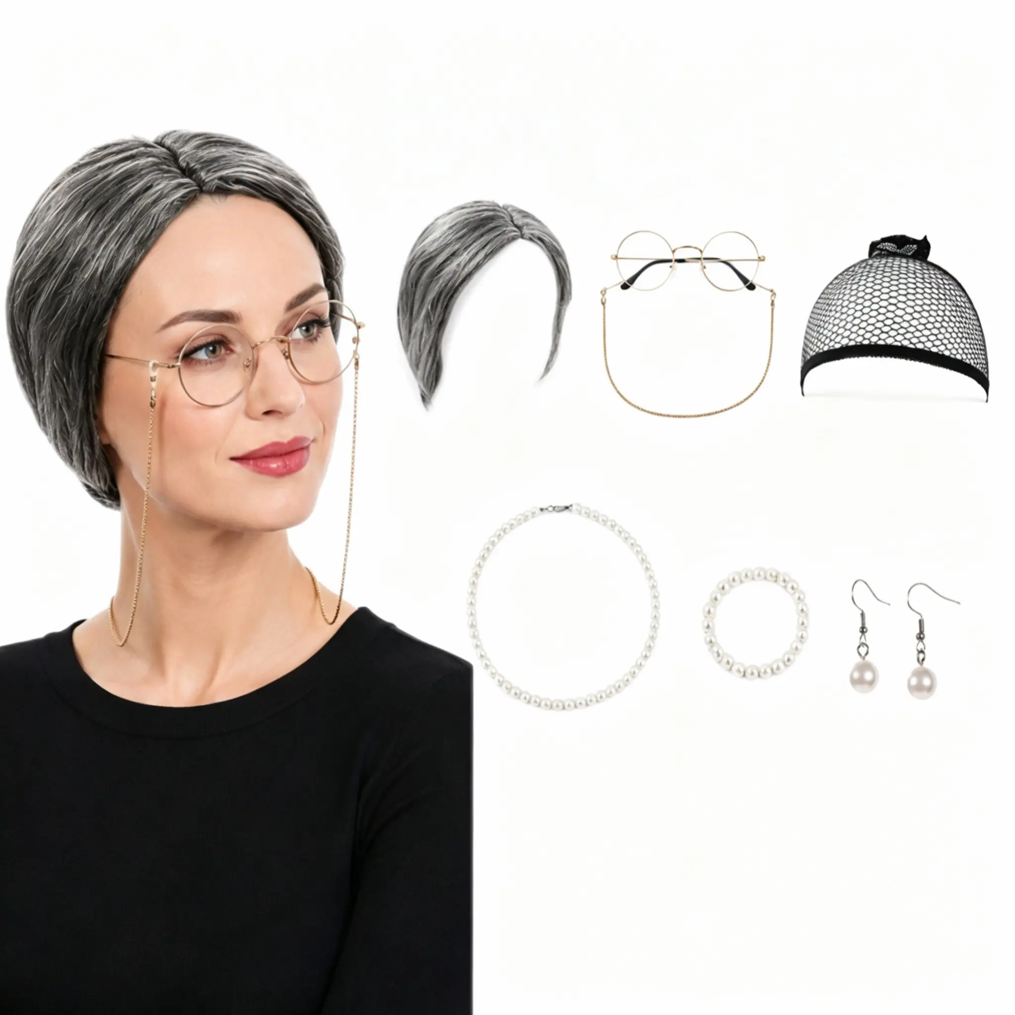 7 Pcs Old Lady Wig Costume Set Grandma Hair Cap Glasses Chain Pearl Necklace for Props Cosplay,Halloween Grandma Wig Set