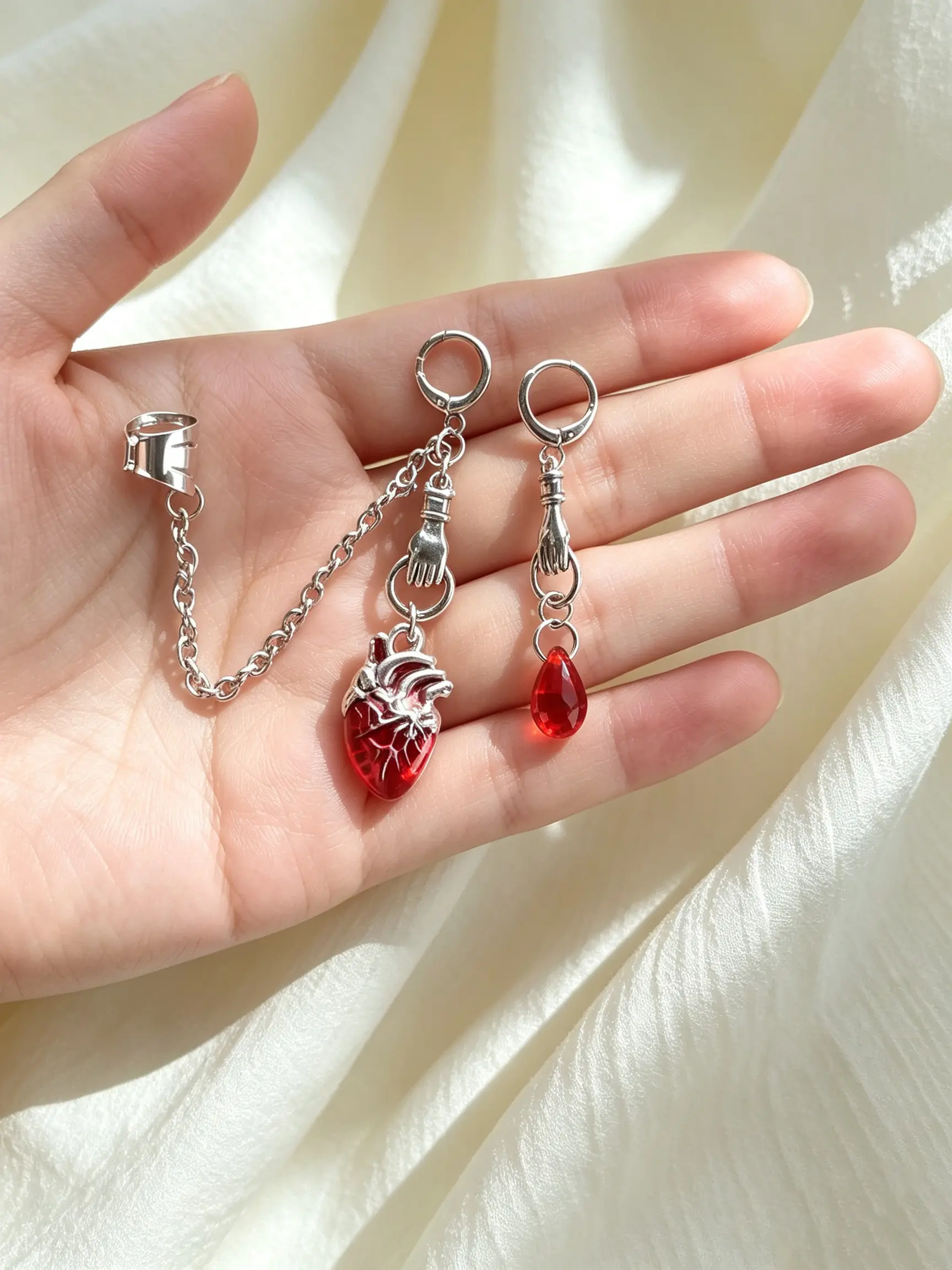 Gothic Asymmetrical Stud Earrings, Anatomical Heart & Blood Drop Crystal Dangle, Punk Subculture E-Girl Streetwear Accessory Gift