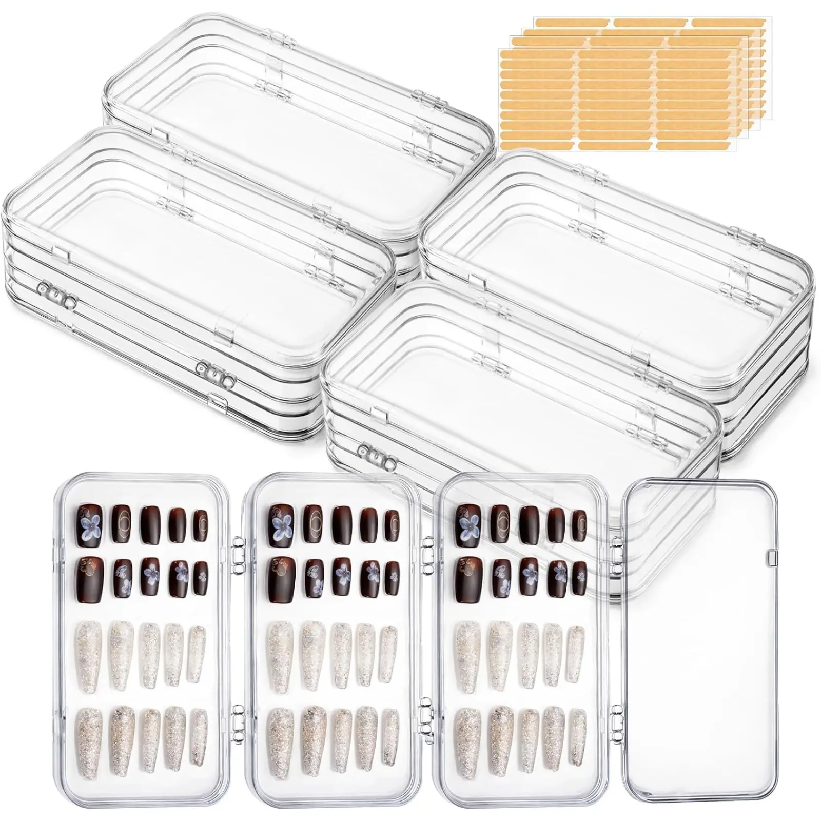 4 Pack Tri-Fold Clear Press On Nail Storage Box, Foldable Dust-Proof Acrylic Display Case with 120 Pcs Double Sided Adhesive Tabs, Organizer for Fake Nails & Jewelry, Nail Salon Use