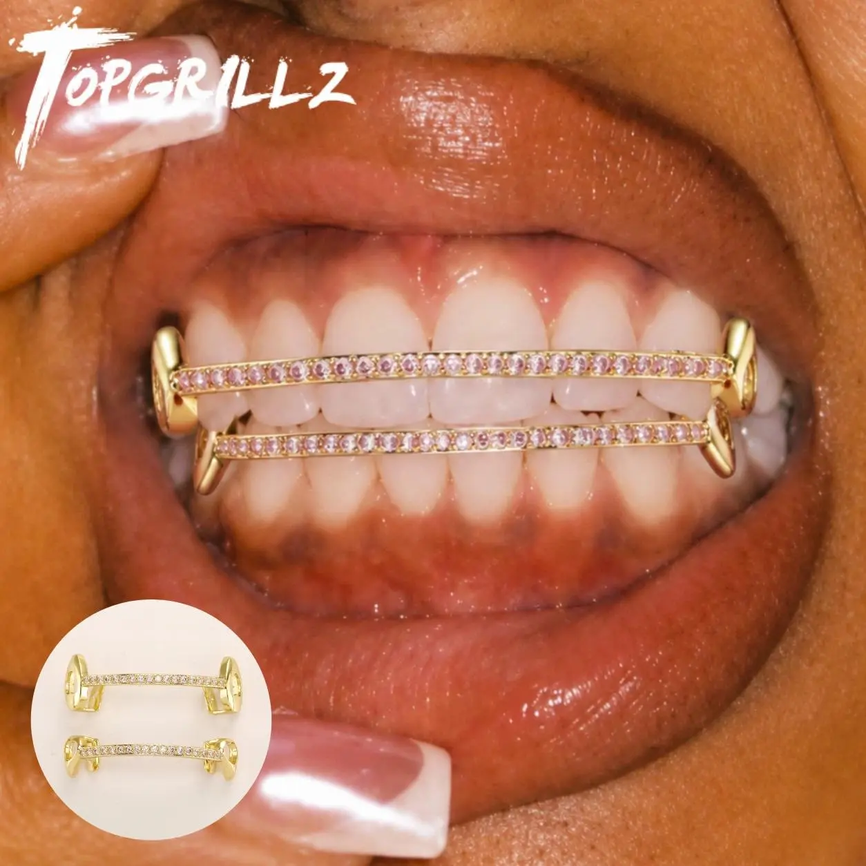 TOPGRILLZ Hip Hop Rapper Accessories Bar Grillz Set Gold Plated Copper Iced Out Top&Bottom Tooth Grills For Men&Women