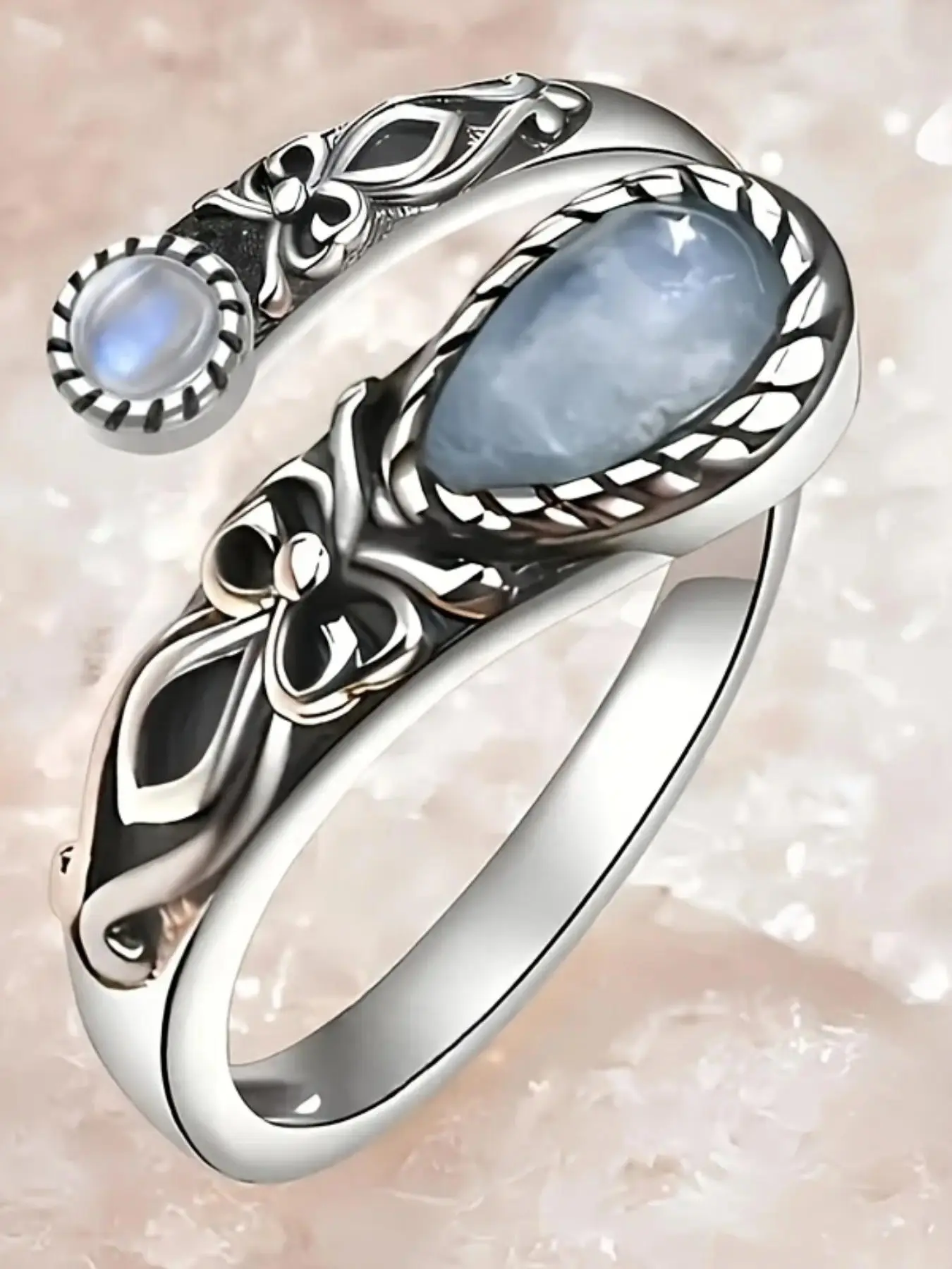 Vintage Celtic Knot Open Adjustable Wrap Ring For Women, Natural Aquamarine Two Stone Bypass Band Ring, Boho Spiritual Embossed Stackable Finger Jewelry Suitable For Daily, Yoga, Birthday Gift For Her