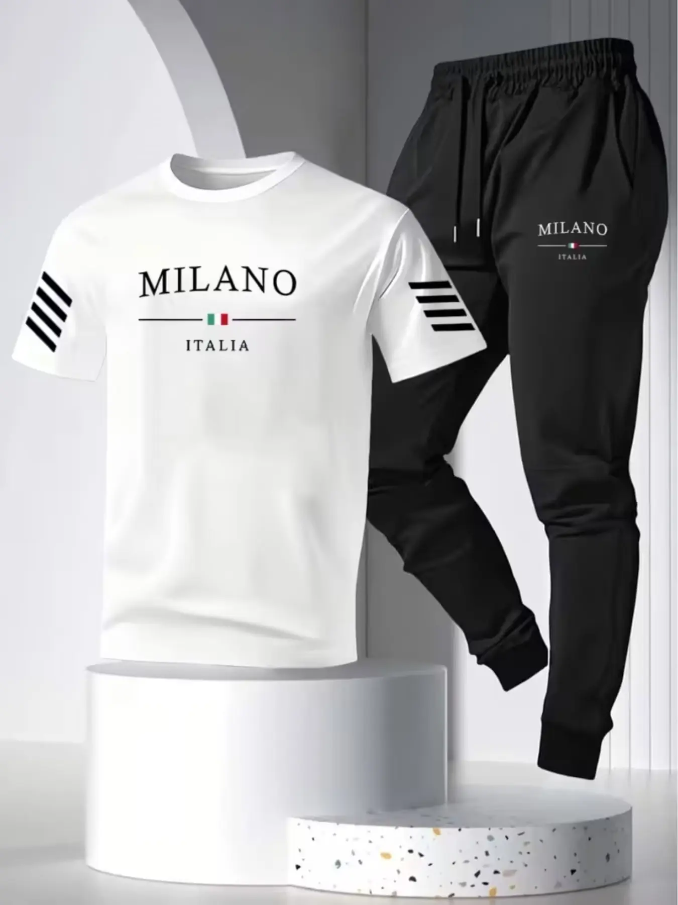 Men's Quick-Dry Sportswear Set, Fashion Milan Italian Print, Comfortable Elastic Waistband, Ideal for Workouts, All-Season Casual Suit
