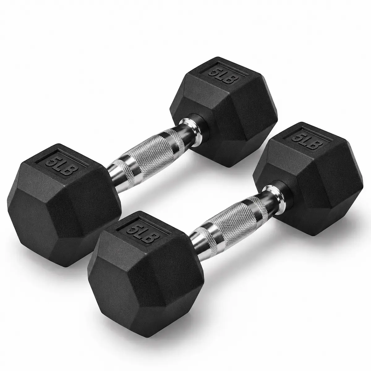 Hexagonal Rubber Dumbbells - 5-lb Pairs, Home Fitness Strength Training Equipment