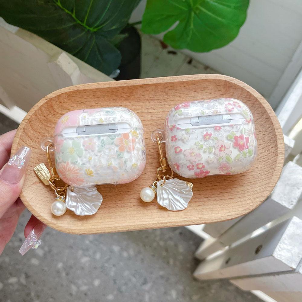 Soft Silicone Earphone Case With Cute Clear Pink Flower Pendant, Protective Cover Compatible With AirPods Series Models, Flexible Anti-Drop Shell For Wireless Charging And Daily Carrying