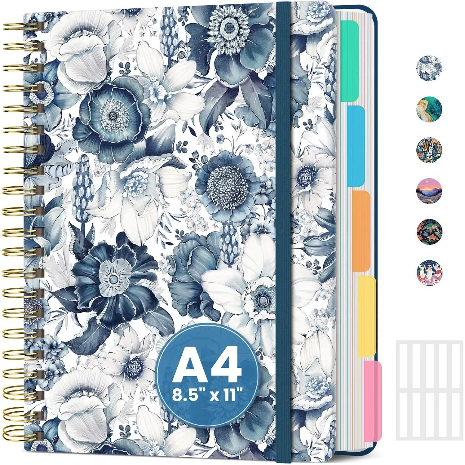 Large Spiral Notebook for Work, 8.5" x 11" Journal for Women, Cute 5 Subject Notebook with Removable Dividers & Tabs, College Ruled Lined Journal for Office and School, 280 Pages, Blue Floral