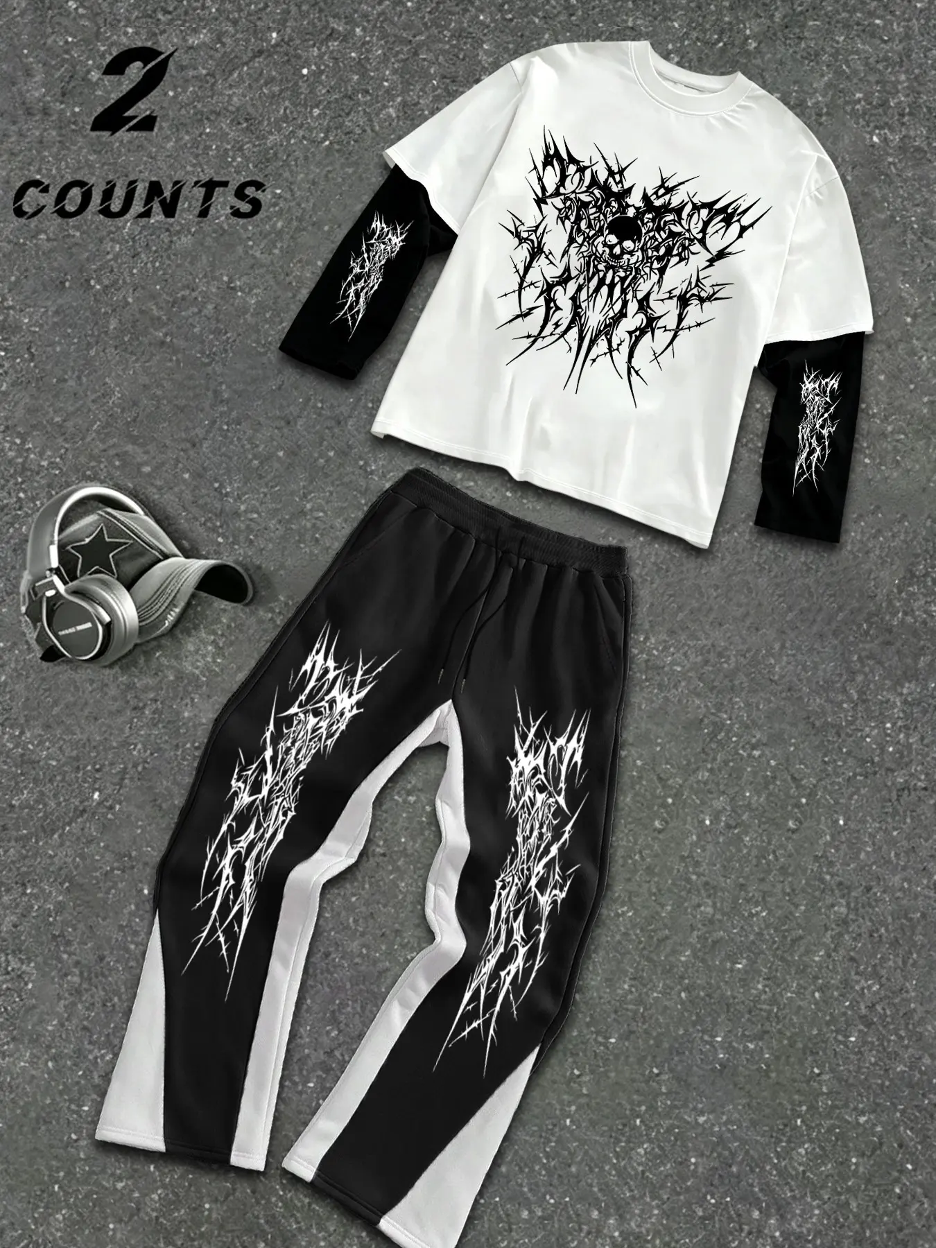 Men's Two-Piece Long Sleeve Top & Casual Pants Set, Dark Heavy Metal Rock Style, Thorn Skull Print, Block, Streetwear