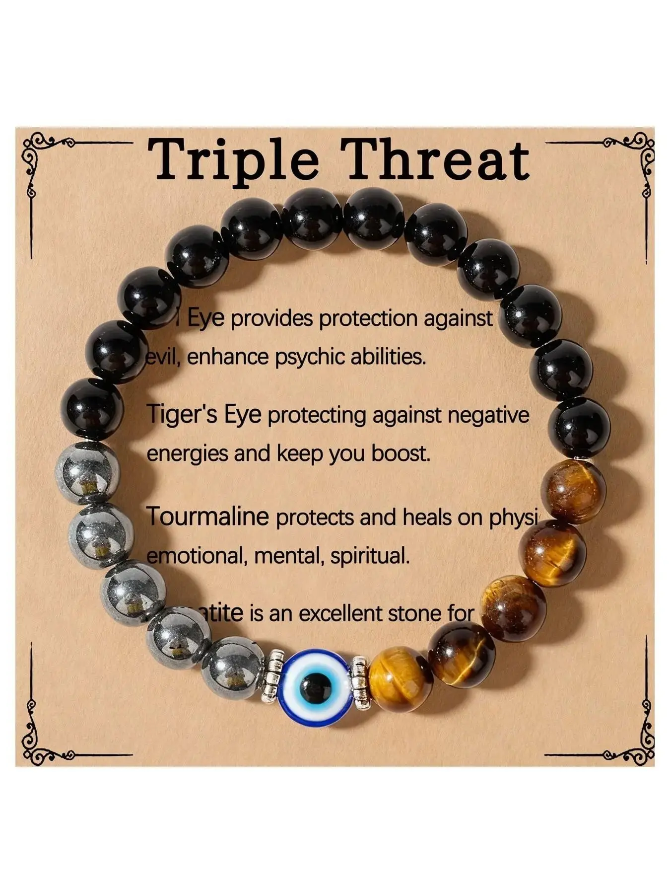 Round Bead Devil Eye Healing Crystal Beaded Bracelet, Triple Energy Protection, Includes Guardian Card, Personalized Amulet Hand Accessory