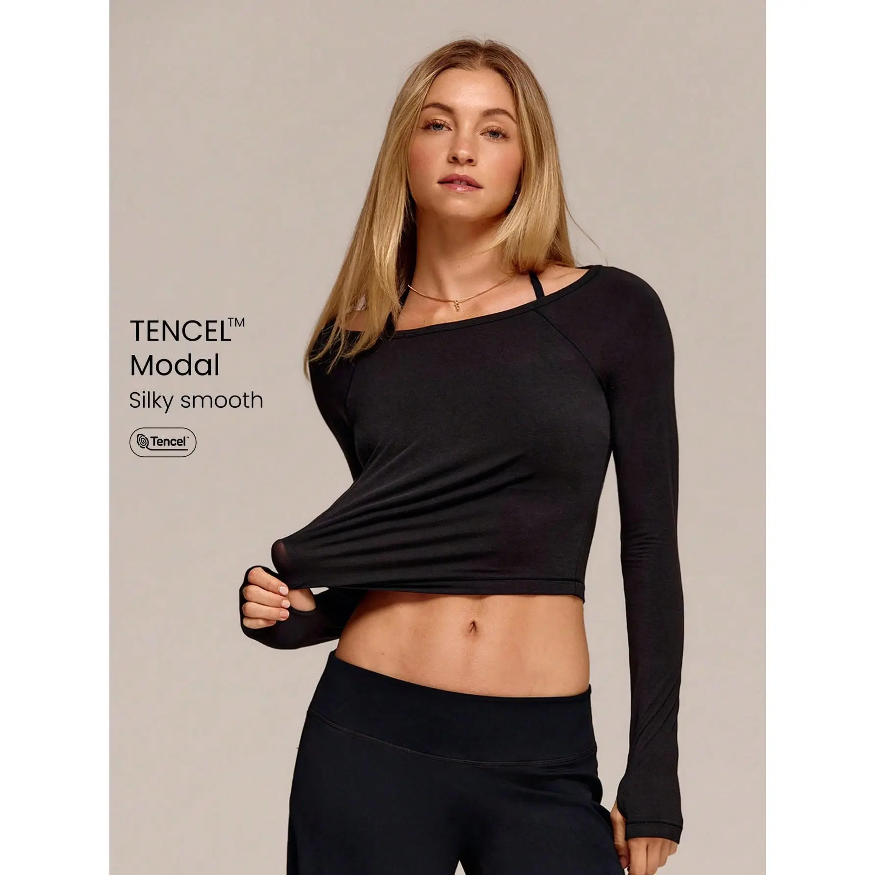 GLOWMODE TENCEL Modal Silky Smooth Off-Duty Boatneck Off-Shoulder Long Sleeve Top With Thumbholes Daily Casual Wear