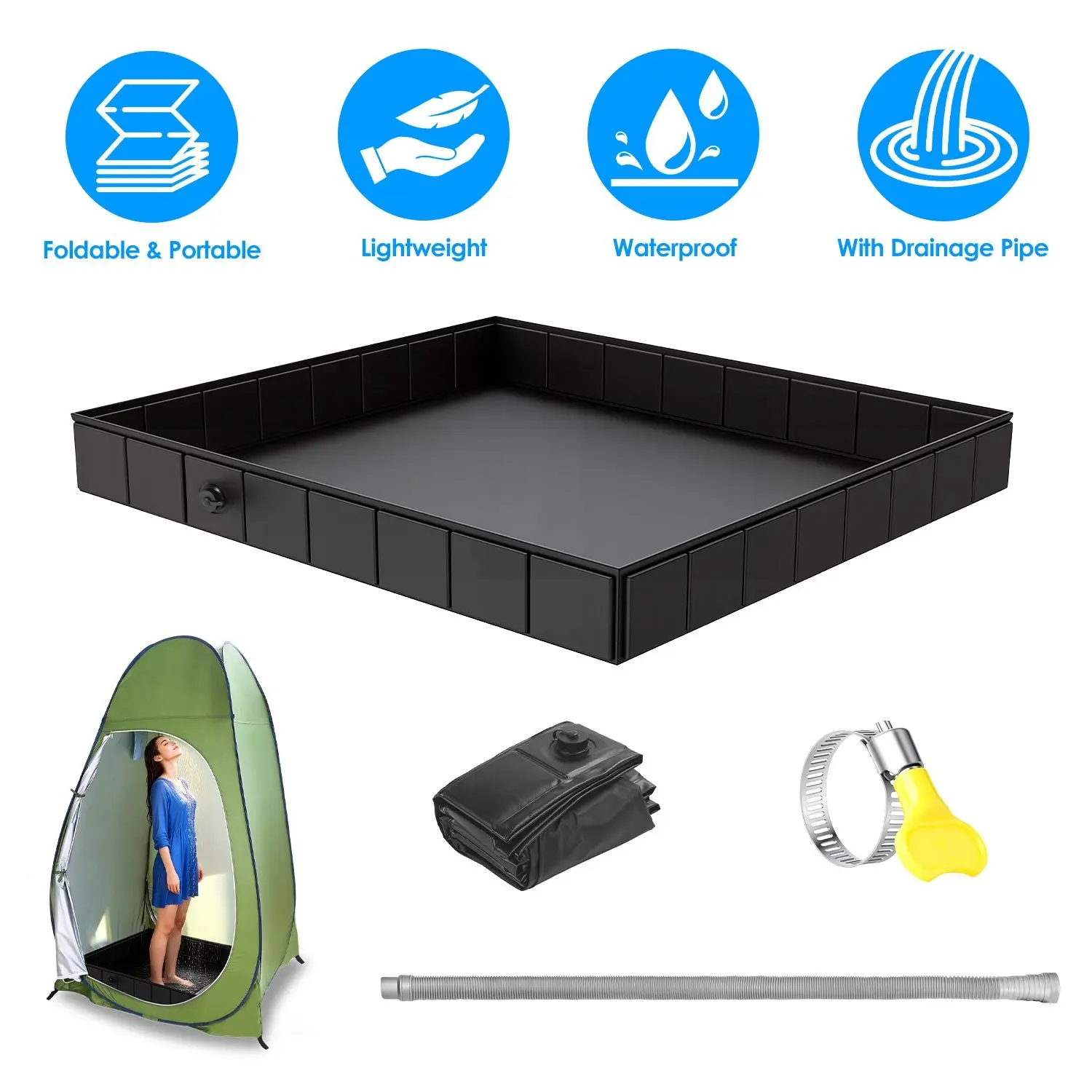 41" Large Camping Shower Tub, Collapsible Portable Shower Pan with Drain Pipe, Lightweight Waterproof Shower Base for RV, Outdoor, Pet Washing