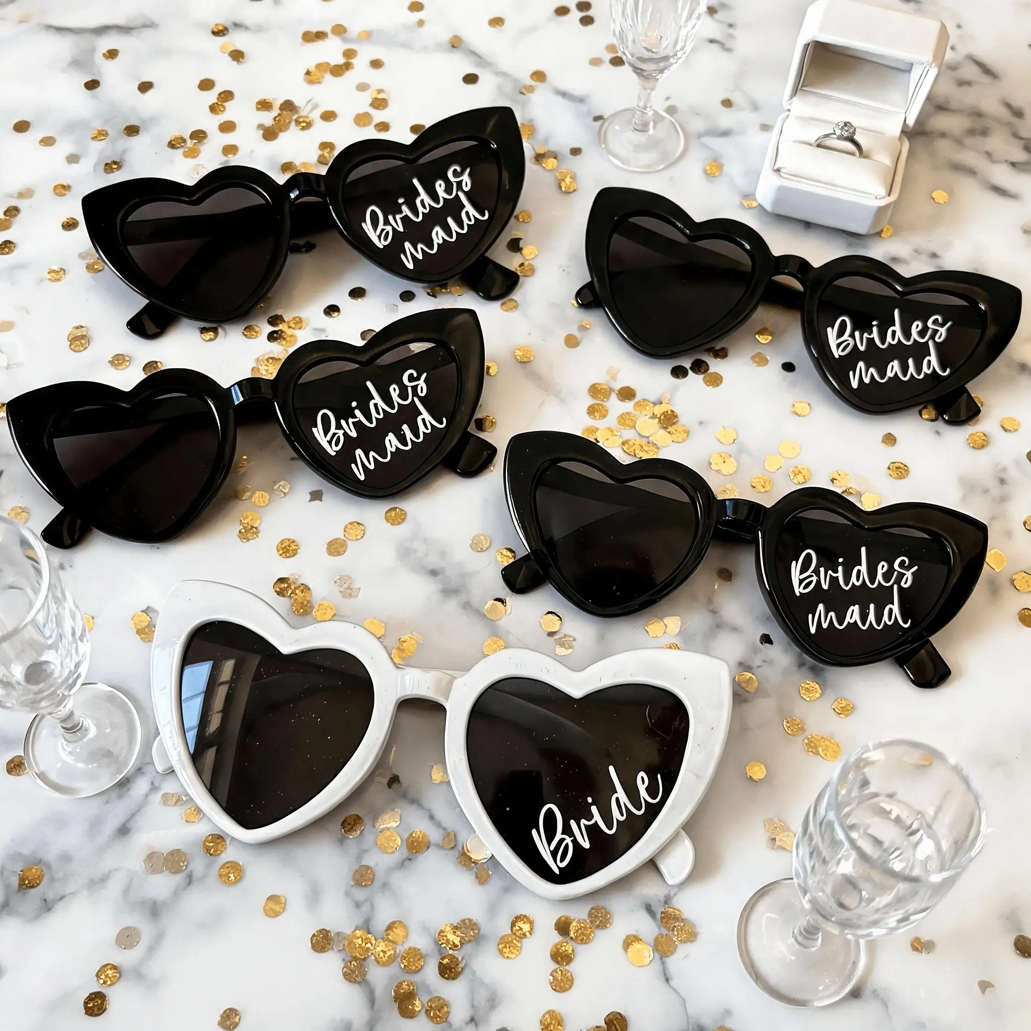 5 Piece Set Bride & Bridesmaid Heart Frame Glasses, Elegant Wedding Style, Party Photo Booth Props, Bridal Accessories