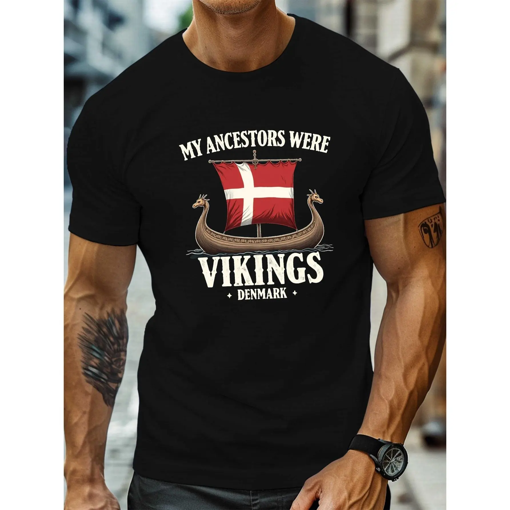 Men's Viking Longship Denmark Heritage Norse Viking Graphic T-Shirt - Black with Danish Flag & Viking Ship Design, Lightweight Breathable Short Sleeve Round Neck Casual Summer Shirt for Viking Conventions & Casual Attire,