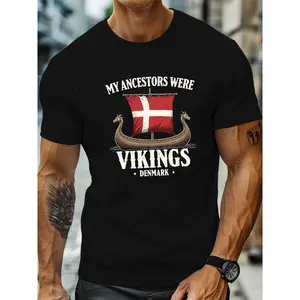 Men's Viking Longship Denmark Heritage Norse Viking Graphic T-Shirt - Black with Danish Flag & Viking Ship Design, Lightweight Breathable Short Sleeve Round Neck Casual Summer Shirt for Viking Conventions & Casual Attire,