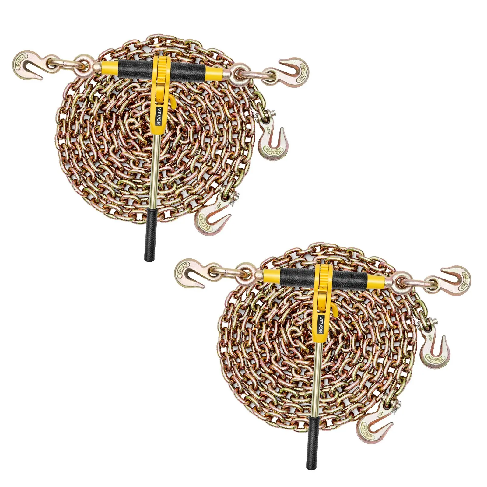 VEVOR Ratchet Chain Binder, 5/16 inx 12.8 ft G80 Chains, 8000 lbs Working Load of Ratchet Load Binder, Chains and Binders Set, Tie Down Hauling Chain Binders for Hauling, Towing, Logging (2 Sets)