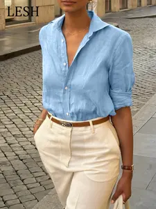 Women's Linen Woven Shirt, Basic Solid Color Long Sleeve Top, Loose Fit Casual Blouse, Fall & Spring Fashion, Ebay & Etsy Bestseller