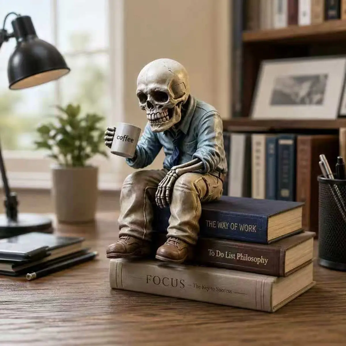 Skeleton Figurine, Seated Skull Holding Cup, Resin Gothic Desk Sculpture, Halloween Decor Gift, Stress Relief Ornament, Decorative Figurine