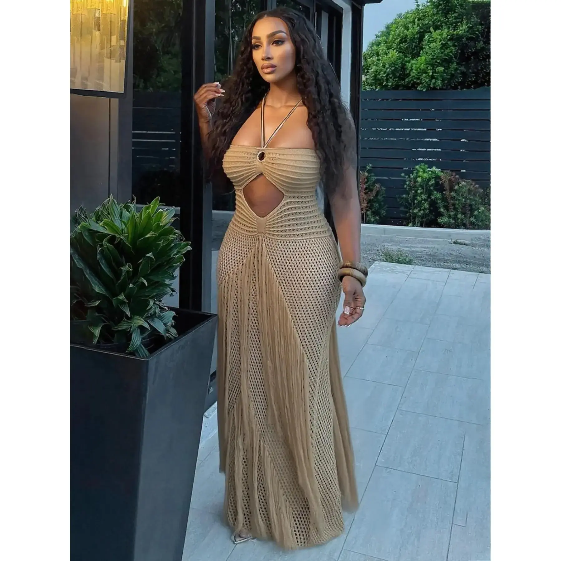 Women’s Crochet Knit Breathable Maxi Dress with Fringe Sexy see through Cutout Halter Backless Boho Chic Style Beach Party Vacation Summer Outfit Resort Wear